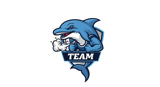 A muscular, cartoon dolphin logo for a team, exhaling steam, on a shield with "TEAM.