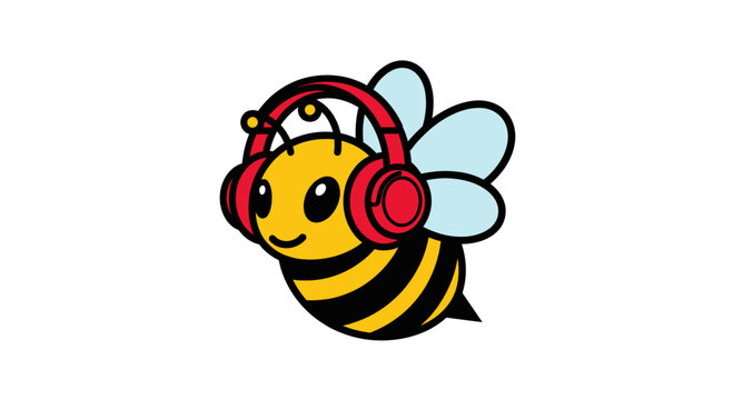 A cartoon bee wearing red headphones, smiling, with wings, on a white background