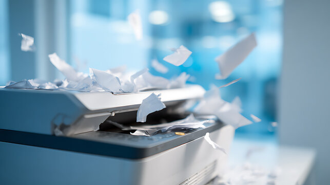 Document chaos: printer malfunction scattering paper in modern office setting with blue tones, representing stress and technical issues