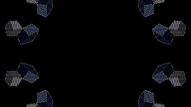 Symmetrical kaleidoscope motif with blue diamond shapes forming a glowing geometric pattern on a black background.