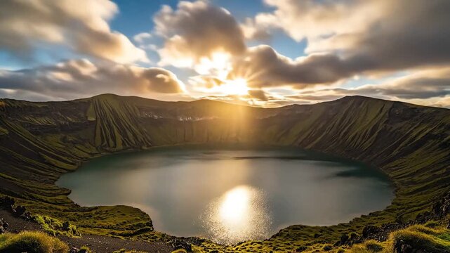 Dramatic sunset over a volcanic crater lake with dramatic clouds and sun rays illuminating the water and landscape.