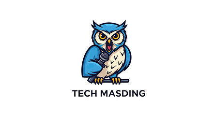 Obraz premium A cartoon owl with a microphone, perched, with text below