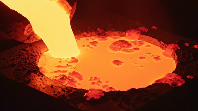 Intense molten metal pouring into a crucible with fiery sparks