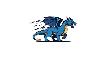 Fototapeta premium A vibrant blue dragon with wings, yellow accents, and speed lines. Running or taking flight against white