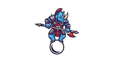 A blue rhino in armor balances on a ball, holding a spear and axe © STwul