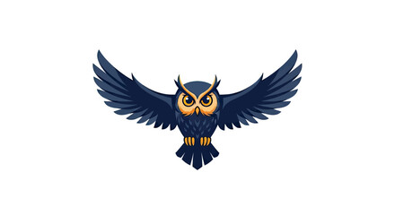 Fototapeta premium A blue owl with orange eyes and chest, wings spread, on white