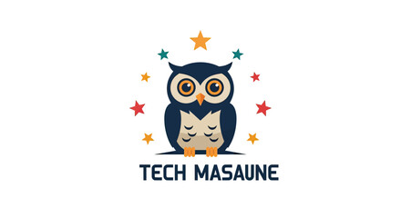 Obraz premium A cartoon owl with stars is centered on a white background, 