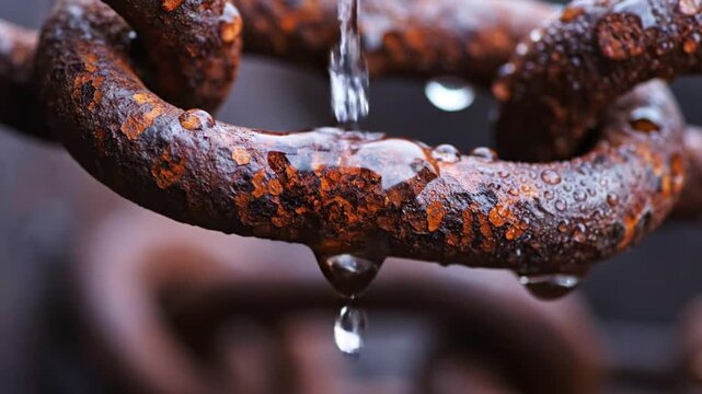 Close-up of Rusted Metal Chain with Water Droplet