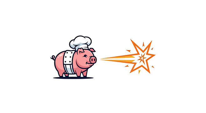 Cartoon pig in a chef hat, uniform, shooting energy with starburst effect