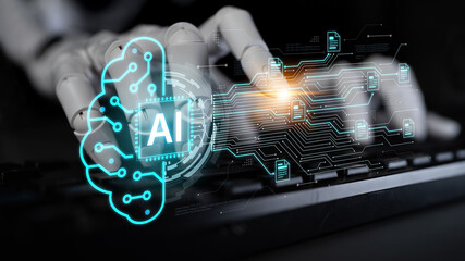 Obraz premium Artificial intelligence using AI neural processing and circuit to transform AI data into actionable output by smart automated AI reasoning science. Future of cognitive tech deep learning NPU. Corpus