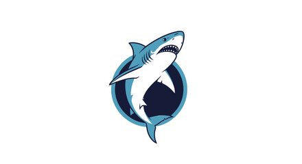 Obraz premium A cartoon shark in a stylized circular emblem, rendered in shades of blue against a white background