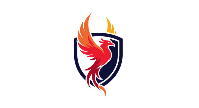 A stylized phoenix, with red and orange plumage, rises from a shield on a white background