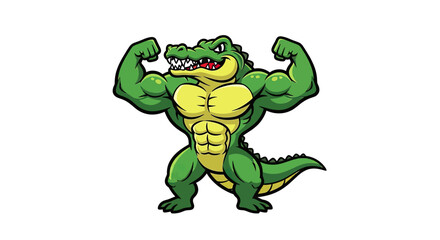Fototapeta premium Cartoon illustration of a muscular green alligator flexing its biceps. Isolated on white