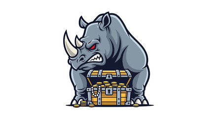 Cartoon rhino guarding treasure chest filled with gold coins, pearls, & fierce expression © STwul