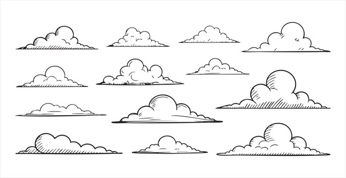 Hand drawn clouds sketch illustrations set on white background stylized puffy cloud drawings