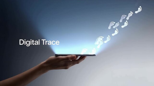 Digital Trace: A hand tenderly holds a smartphone, illuminating a trail of ethereal footprints that symbolize the enduring digital footprint left behind by individuals.