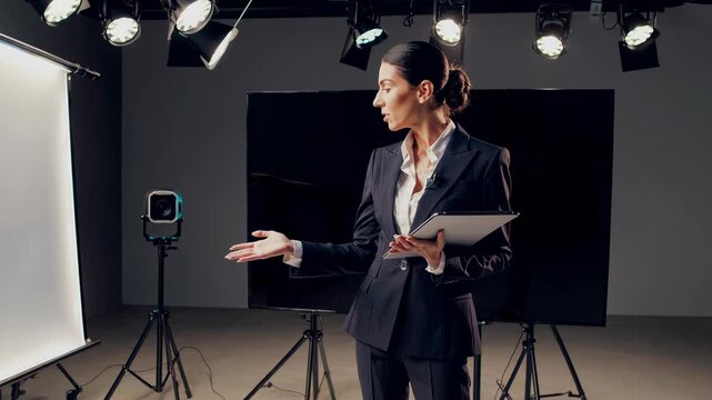 Woman presenting information in a studio with a visual aid, showing a dynamic presentation sequence for broadcast or corporate training