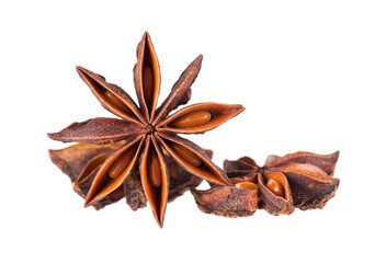 Star anise isolated on white background. Anise stars or badian spice. Clipping path.