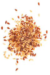 Flax seed mix isolated on white background. Golden and brown linseed or flaxseed. Clipping path. Top view.