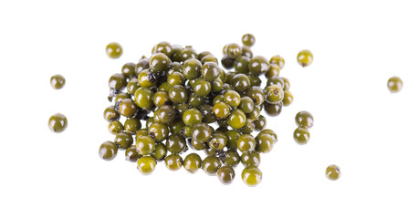 Pickled green peppercorns isolated on white background. Marinated unripe drupes of the Piper nigrum vine. Clipping path.