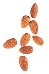 Almond nut isolated on white background. Brown almond nuts. Clipping path. Top view.