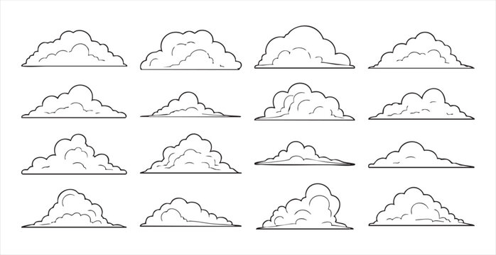 Set of cloud icons vector illustration, various outlined cloud shapes in cartoon style for design