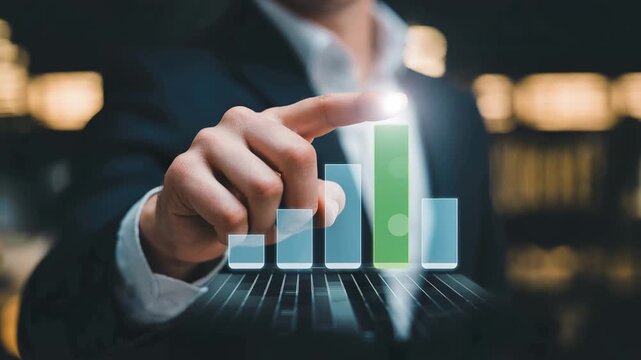 Business Growth & Visualization: An authoritative hand interacts with a holographic bar graph, symbolizing financial success and strategic growth potential. A scene of business analytics.
