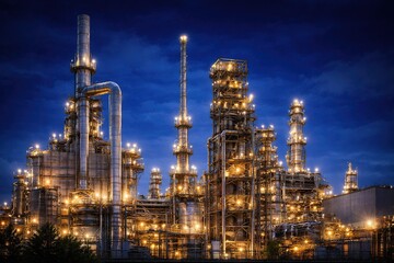 Obraz premium Illuminated enriched uranium production plant in a nighttime industrial environment with advanced technological infrastructure, nuclear energy concept, strategic industry and scientific development.