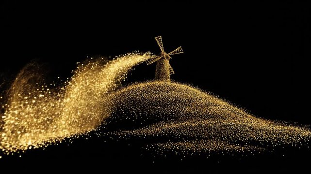 A golden, sparkling windmill sits on a hill, with glittering particles emanating from it against black