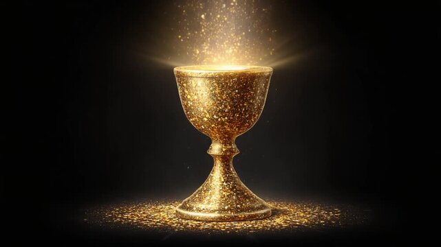 Glowing golden chalice with light emanating from it, surrounded by golden sparkles against black backdrop