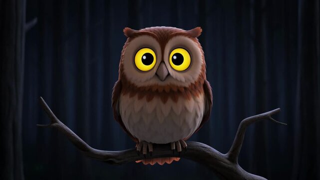 Adorable cartoon owl perched on a branch in dark forest animation with big yellow eyes for kids projects