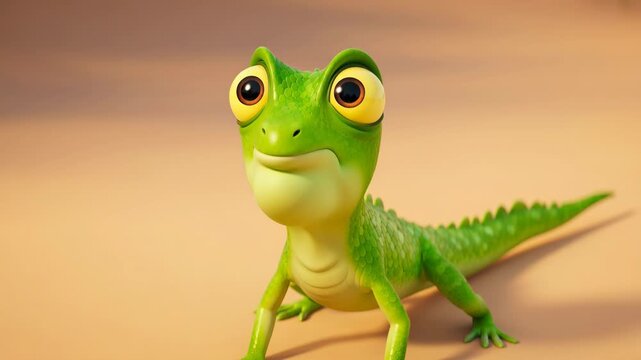 Animated green lizard with big eyes standing on beige background bright cartoon reptile character animal cartoon illustration