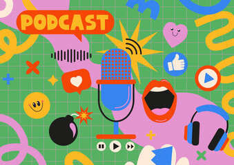 Fototapeta premium Podcast bright childish banner. Broadcast,news streaming. Template for shows,live performances. Concept of audio online, online radio, streaming services, talk show. Vector illustration