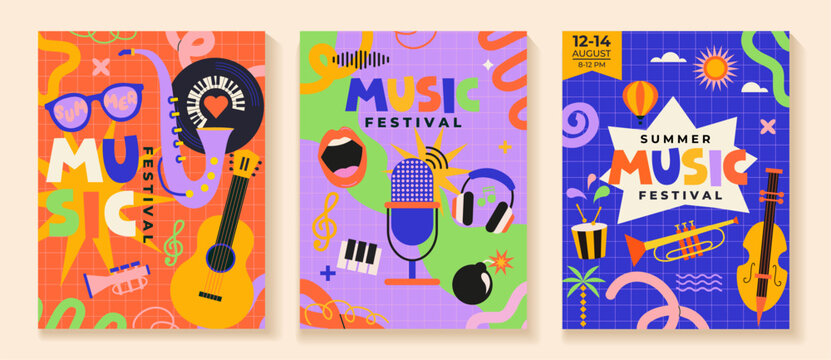 Set of summer music festival flyers on fun childish background. Musical fest party,concept of live music festival, jazz and rock event. Posters with musical instrument and vinyl record. Vector
