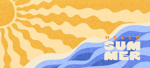 Greeting summer with hello on background with wavy sea, wavy hand drawn sun rays. Happy summer textured theme. Bright positive vibe design. Template for sales, posters, covers, fashion, ads. Vector © tandav
