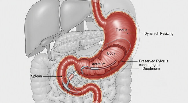 Bariatric surgery concept Medical illustration of human stomach and digestive system with labels