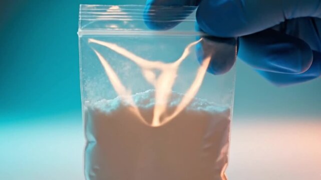 Protein powder being handled with gloves inside plastic packaging.