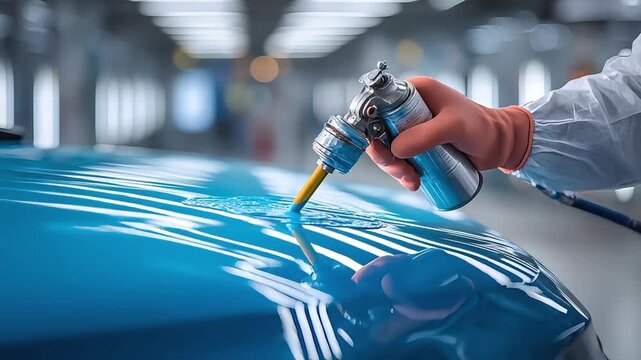 A focused shot of a hand using a spray gun on a vehicle surface, ideal for illustrating manufacturing, repair, or detailing content with a sense of pr