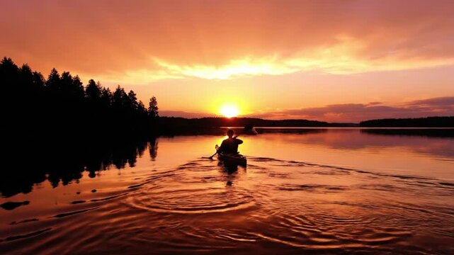 A solitary figure navigates a serene body of water in a kayak, silhouetted against a breathtaking sunset or sunrise. The sky ablaze with vibrant hues of orange, red, and golden yellow casts a mesmeriz