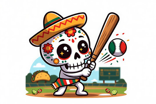 Cute cartoon character day of the dead sugar skull playing baseball in a baseball field with a sombrero and a colorful mexican blanket on a white background