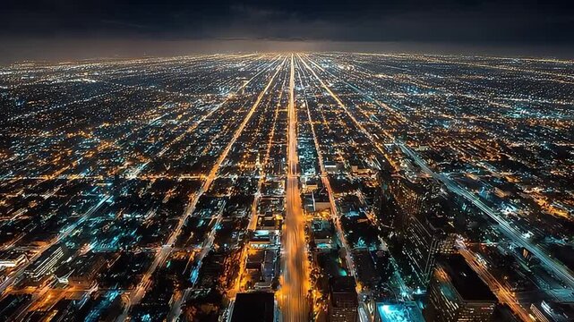 A breathtaking aerial view of a sprawling city at night, evoking a sense of wonder and possibility. Ideal for illustrating urban life, travel, or futu