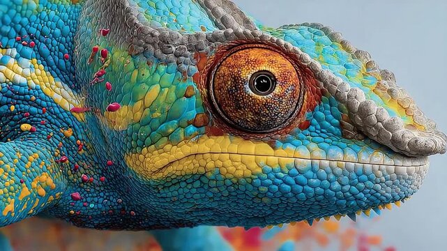 A vibrant and detailed close-up shot of a chameleon's face. Perfect for illustrating themes of adaptability, camouflage, and the natural world in educ