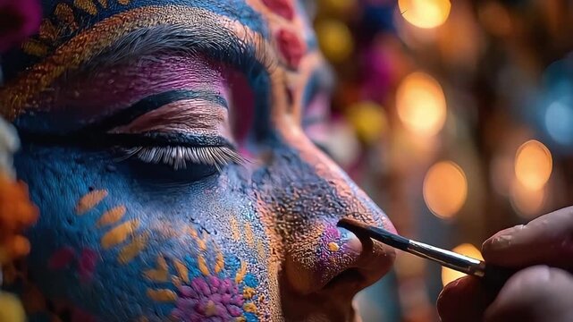 A close-up captures the artistry of face painting, creating a vibrant and expressive look. This image evokes creativity and is ideal for illustrating 