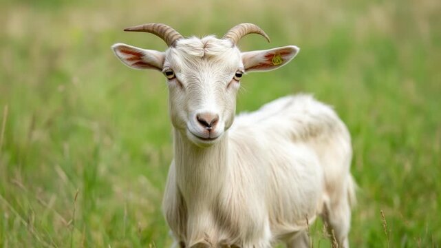 A goat standing in a green meadow with tall grass, perfect for rural or nature scenes