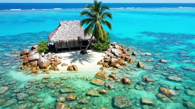 An breathtaking aerial view showcases an idyllic tropical island paradise, bathed in brilliant sunshine. Crystal clear turquoise waters gently lap against a pristine white sandy beach, adorned with sm