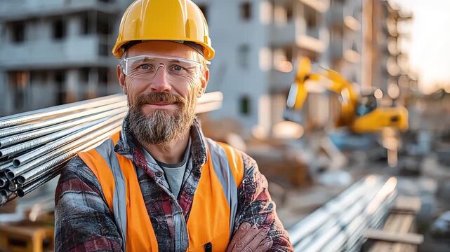 A seasoned construction worker smiles directly at the camera, exuding confidence and expertise. Ideal for illustrating industry articles, safety campa