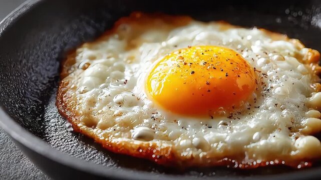 A close-up shot of a perfectly fried egg in a black pan, radiating warmth and simplicity. Ideal for food blogs, restaurant menus, or breakfast-themed 