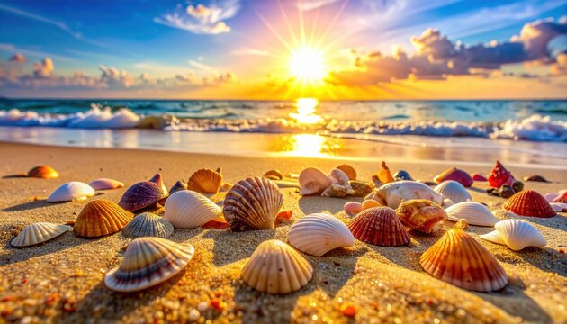 Array of colorful seashells scattered on a sandy beach at golden sunset with ocean waves and sky