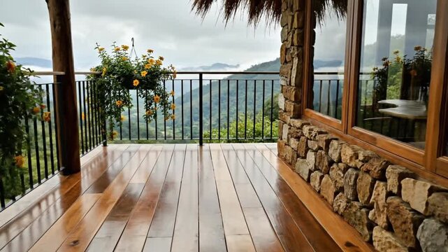 Experience serene tranquility on a beautiful private balcony overlooking a majestic green mountain range under a soft, overcast sky. The polished natural wooden floor and rustic stone architecture ble