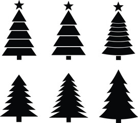 Obraz premium Set of black Christmas tree silhouettes with stars and pine branch details for winter holiday greeting cards, festive patterns, and decorations